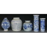 Two Chinese blue and white cylindrical vases, a moon flask and a ginger jar and cover, 19th c,