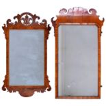 A walnut mirror, early 20th c, in Queen Anne style, with fretted cresting, 91 x 48cm and a smaller