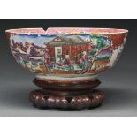 A Chinese export porcelain bowl, c1770, enamelled with a 'mandarin' pattern, 26cm diam and a wood