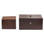 A George III mahogany tea chest, the fitted interior retaining pair of line inlaid tea caddies and