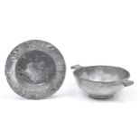 A Liberty & Co Tudric pewter quaich, early 20th c, 17cm over lugs and a dish, with everted, embossed
