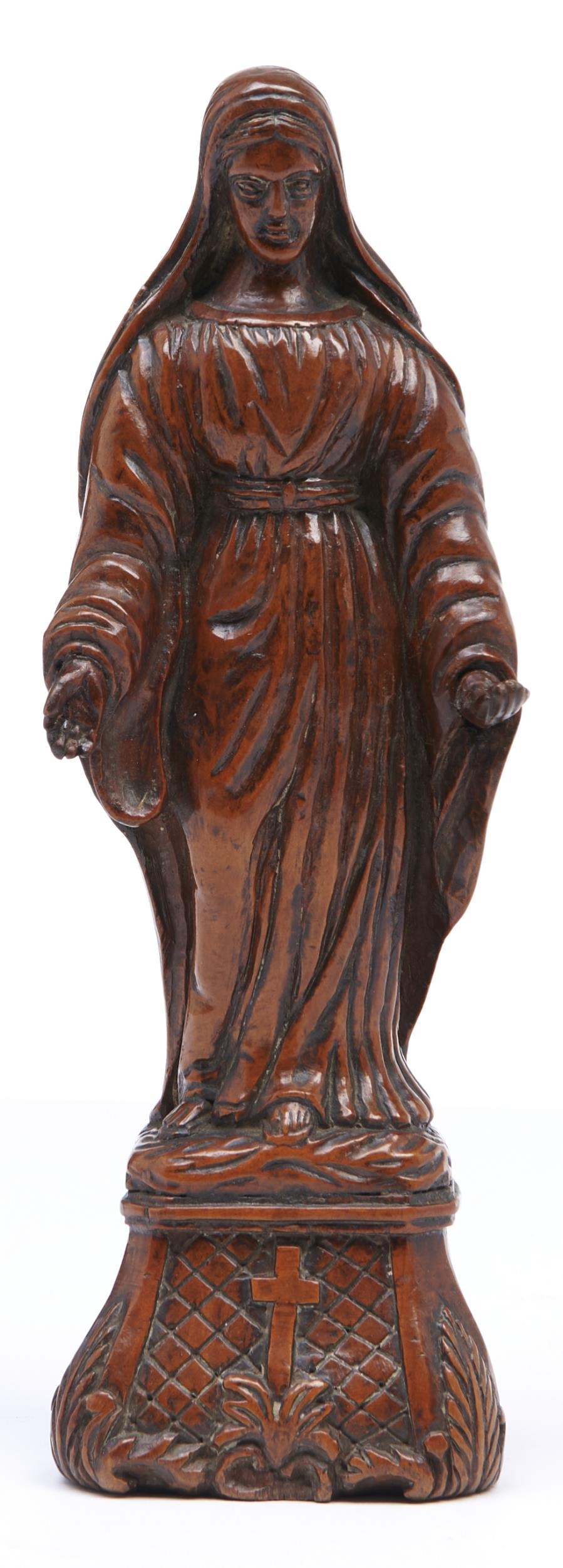 A French boxwood statuette of the Virgin, 19th c, on integral base, 20.5cm h Pleasing colour and