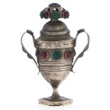 A Northern European red and green paste set silver vase shaped spice box, 19th c, with lidded