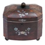 An early Victorian tortoiseshell tea caddy, inlaid in engraved mother of pearl with flowers and wire