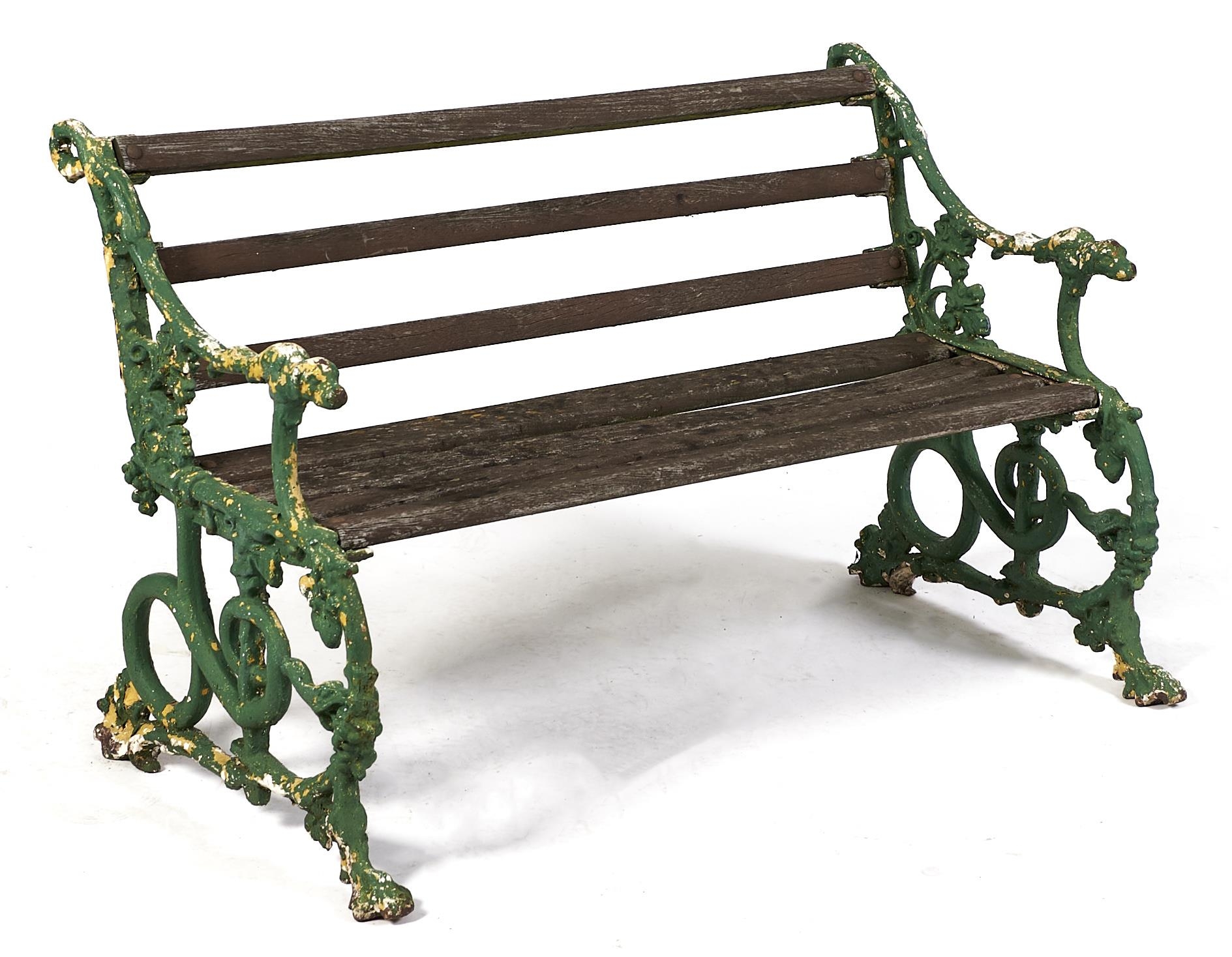 A garden seat with cast iron ends, possibly Coalbrookdale Co, Hound Head pattern, 121cm l