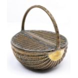 A French chocolatier's brass twin lidded basket, late 19th c, 18cm h, stamped oval inscription A