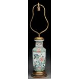 A Chinese famille verte rouleau vase, 19th/20th c, mounted as a lamp in brass, 55cm overall Base