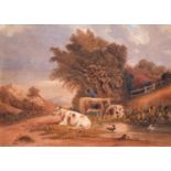 W Graham (19th century) - Three Cows by a Pond, signed, watercolour, 39.5 x 55.5cn Small marks and