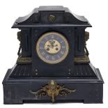 A French architectural brass mounted Belgian slate mantel clock, c1880, with black and gilt