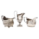 A George III silver cream jug, 75mm h, marks rubbed, London 1810, another later chased, London