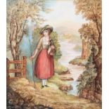 Victorian School - A Girl by a Stile, watercolour, 17 x 15cm and two other 19th c watercolours (3)