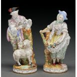 A pair of Samson figures of a shepherd and shepherdess, with a bird or swag of flowers, c1900, after