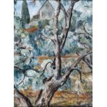 Peter Cumming, RBA (1916-1993) - House seen through a Grove of Trees, oil on board, 25.5 x 19cm Good