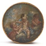 A tortoiseshell snuff box and cover, early 19th c, the cover painted with putti at play, 86mm diam