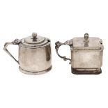 Two silver mustard pots, one with blue glass liner, 50 and 53mm h, both by William Neale Ltd,