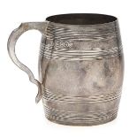 A Victorian barrel shaped silver christening mug, with reeded bands, 79mm, by Holland,