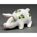 A Wemyss ware piglet, Bovey Tracey period, painted with shamrocks, 63mm h, painted PLICHTA LONDON