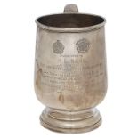 A George VI silver mug, on domed foot, engraved with a presentation inscription, 13.5cm h, by Walker