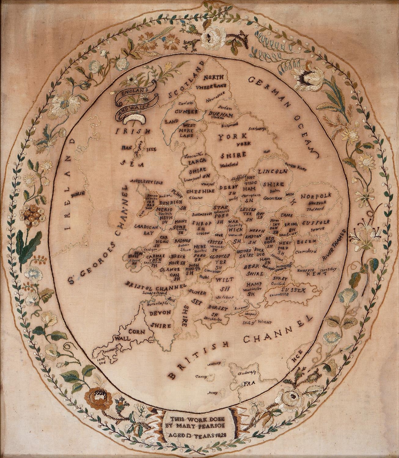 A linen map sampler, Mary Pearson aged 13 years 1828, worked in silk with England divided into