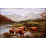 J H Flory (19th/early 20th century) - Highland Cattle, signed,  oil on canvas, 19 x 29cm Unlined,