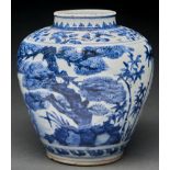 A Chinese blue and white jar, 18th c, painted with birds and prunus, pine and bamboo, the shoulder