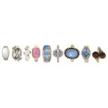 Nine silver rings, variously gem set, 45g Good condition