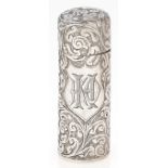 A Victorian cylindrical silver scent bottle, engraved with leafy scrolls, 60mm h, by Hilliard &