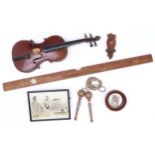 A German child's violin, late 19th c, a Swiss stained limewood owl novelty coat peg, etc Variable