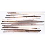 Various split cane, bamboo and other vintage fishing rods