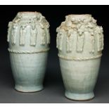 Two Chinese Qingbai ware vases, Yuan dynasty, with sculpted and applied decoration above lightly