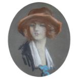 British School, 20th century - Head of a Young Woman in a Brown Hat, pastel on coloured paper, oval,