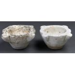 Two marble mortars, probably 18th c, 19.5 and 20cm diam Both weathered, one lacking one of the