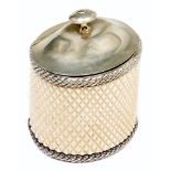 A Victorian EPNS mounted ivory tea caddy, late 19th c, of diamond carved tusk section, 14cm h Knop