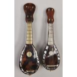 Two Italian tortoiseshell, mother of pearl and bone mandolin toys, late 19th c, 14 and 16cm l One