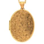An oval 9ct gold locket,  engraved with leafy scrolls,  43mm and a 9ct gold necklet,  23g
