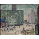 Manner of Laurence Stephen Lowry - Mill Scene, bears signature and date, oil on board, 19 x24cm Good