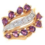 A diamond and pear shaped amethyst three row ring, in 14ct gold,  5.8g, size M