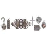 A George V white and purple set pierced silver  waist clasp, 92mm l, Birmingham 1911, a silver