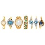 Seven 9ct gold rings, variously gem set,  18.8g, various sizes