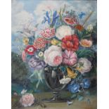 20th c School - A Flowerpiece, oil on panel, 44.5 x 35cm, a painted mirror and two prints, all