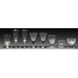 Three English monteith glasses, a jelly glass and two pairs of drinking glasses, early 19th c, one