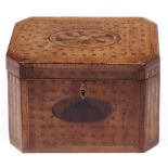 A George III mahogany, yew wood and inlaid tea caddy, c1800, 19cm l Lock replaced, interior gutted