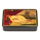 A Continental papier mache snuff box, mid 19th c, the lid painted with a sleeping nymph, 90mm l