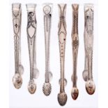 Six pairs of George III bright cut silver sugar tongs or bows, various makers, London, Newcastle and