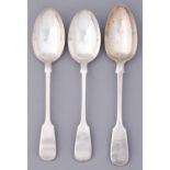 A Victorian silver tablespoon and a later pair of silver tablespoons, Fiddle pattern, the first by H