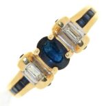 A sapphire and diamond ring,  with baguette diamond shoulders, in 14ct gold,  3.3g, size M