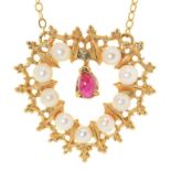 A ruby and cultured pearl openwork pendant,  in gold,  14mm, by The  Franklin Mint, marked 14k