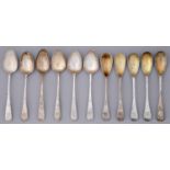 A composed set of eleven English and Irish silver tea and mustard spoons,   George III and early