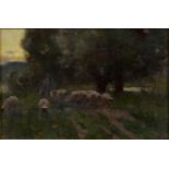 English School, 19th / early 20th century - Driving Sheep at Sunset, oil on canvas, 18.5 x 28cm