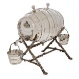 A Victorian EPNS two-compartment spirit barrel, c1900, realistically designed, the tap at each end